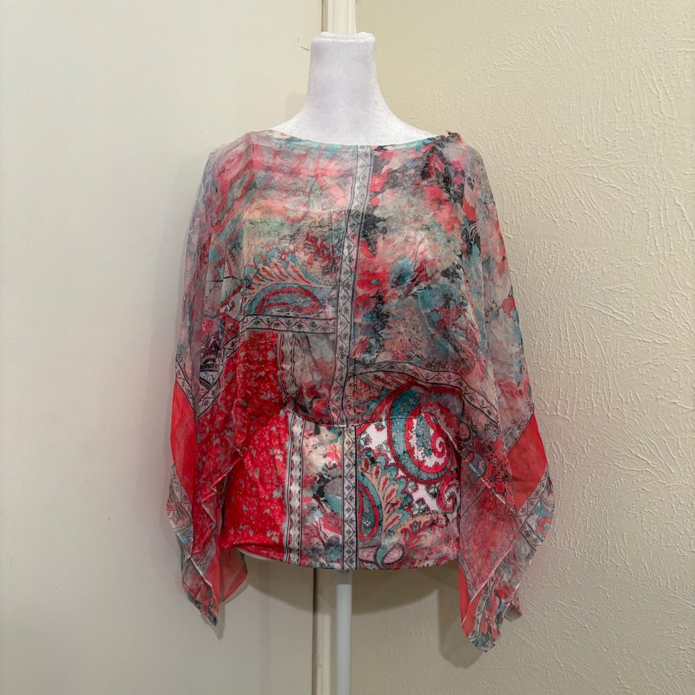 One World Paisley Patchwork Poncho Flowy Top Red Teal Chiffon Fairy Boho L